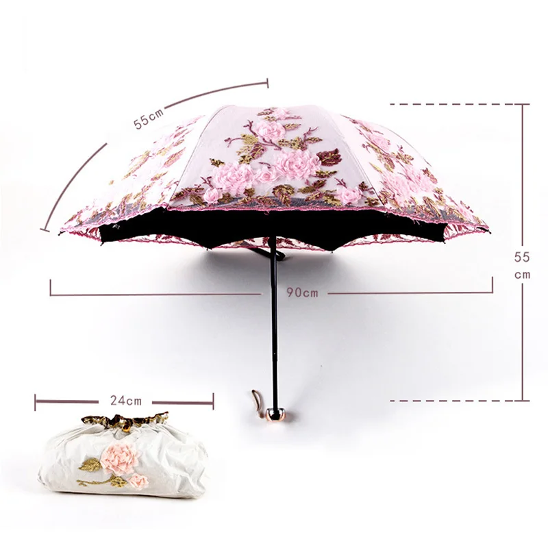 New Fashion Luxury Embroidered Flower Rain Umbrella for Women 3 Folding Double Layer Lace Up Parasol Luxury Uv Umbrellas Summer