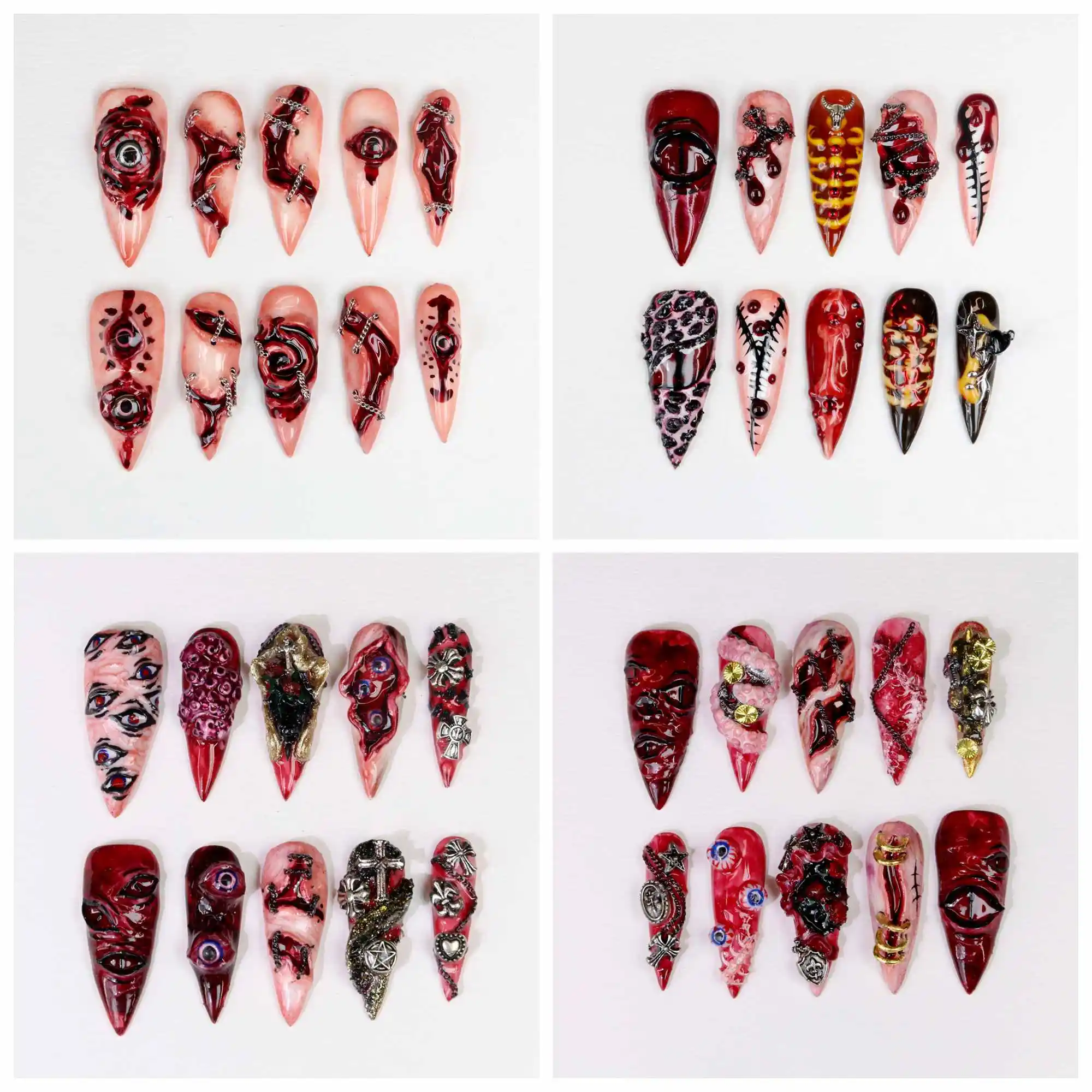 10Pcs 3D Handmade Long Stiletto Creepy Octopus Demon Eyes Horror Press on Nails, Custom Nails Handpainted Eyes Stiletto Nails