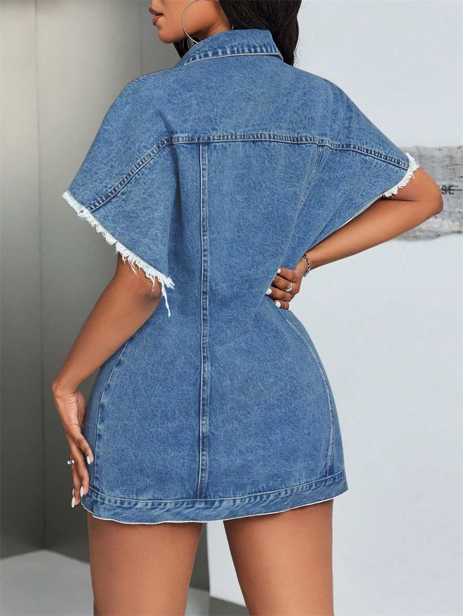 Benuynffy Vintage Raw Trim Batwing Sleeve Button-up Denim Dress Women's Fashion Loose A-line Short Dresses Without Belt