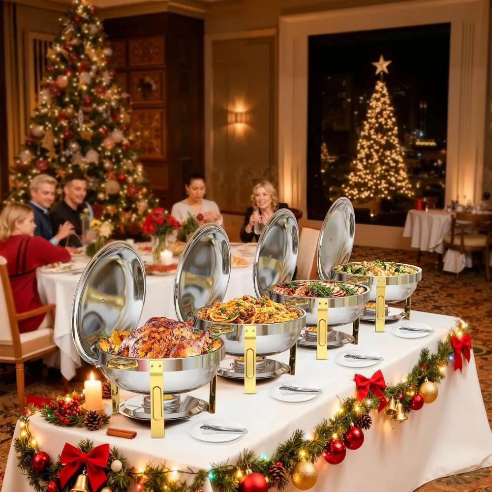 

5QT Gold Stainless Steel Chafing Dishes Set of 4, Stackable Buffet Warmers with Lid Holder for Catering Parties Weddings