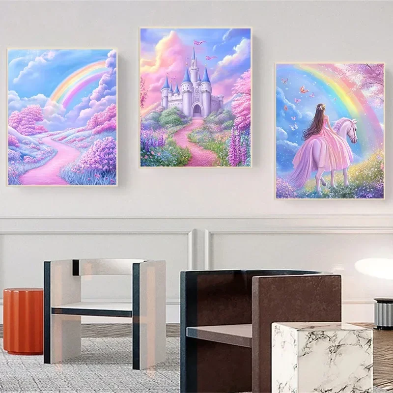 Modern Dream Fairytale Princess Palace Rainbow Wall Art Poster Canvas Painting for Little Girls Room Nursery Home Decor Mural