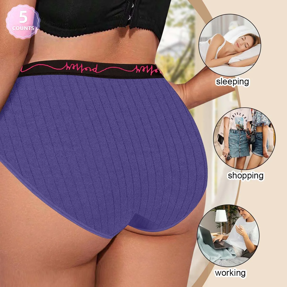 Calcinha boyshort plus size para mulheres, textura canelada roxa, roupa íntima confortável com cintura preta com letras, design elegante