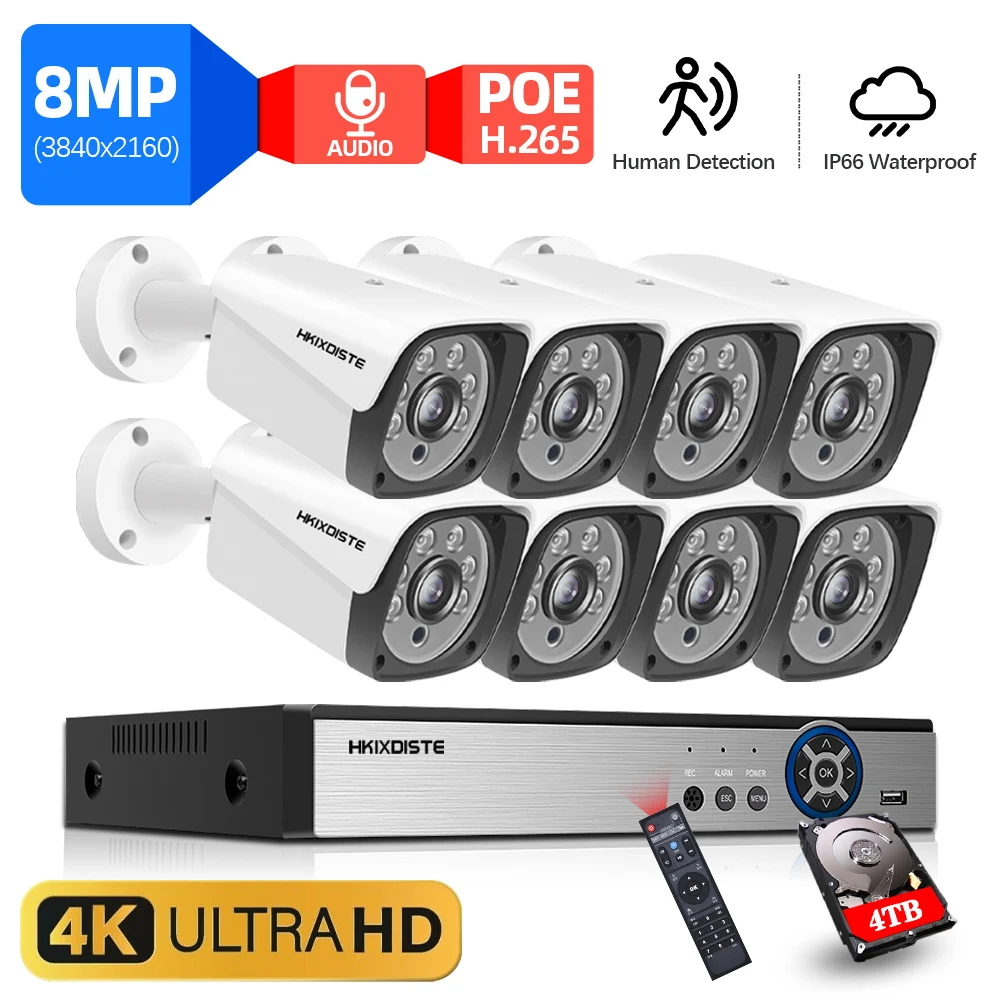 

4K PoE NVR Kit with Human Detection 24/7 Recording 8MP Ultra HD Cam 8CH Outdoor Security Protection Audio System HDD Optional