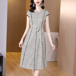 Spring Fashion Short Sleeve Silk Printed Dress For Women 2023 New Silk Round Neck Loose Fit Casual Holiday Dress Vestidos