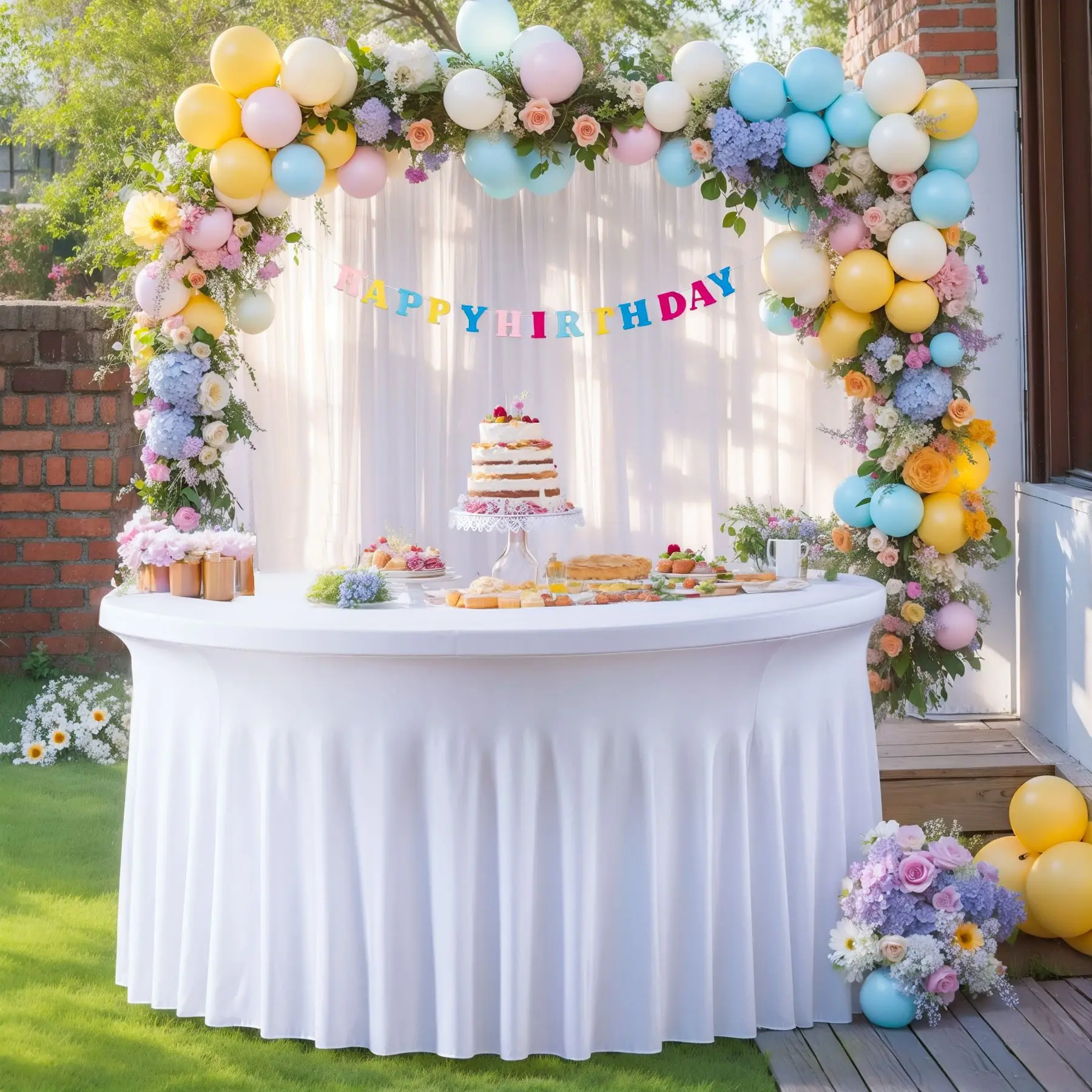 

4/5/6ft Spandex Round Wedding Table Cover Wrinkle Free Stretch Fitted with Ruffle Skirt For Baby Shower Wedding Party Banquet