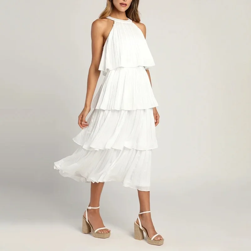 

Summer 2026 Elegant Over-the-Shoulder Sleeveless Chiffon Dress High-End Ruffled Style for Women