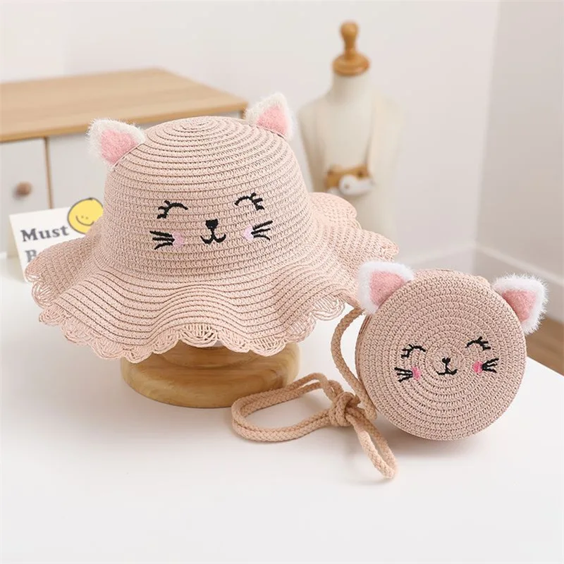 1 Piece for Children Cartoon Cute Cat Ears Trend Diagonal Bag, 1 Piece for Girls Fashion Sweet Summer Sun Shade Fisherman Hat