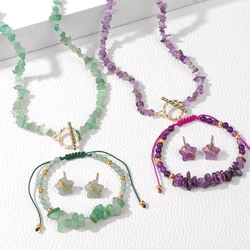 Gravel Natural Stone Chip Beads Jewelry Set For Women Amethysts Green Aventurine Necklace Bracelet Star Shape Stud Earrings