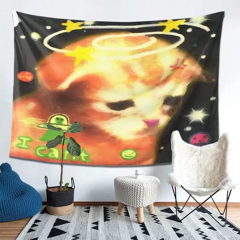 VIKAMA Retro Oil Painting Starry Sky Angel Orange Cat Tapestry, Vintage Wall Art for Bedroom Living Room Decor