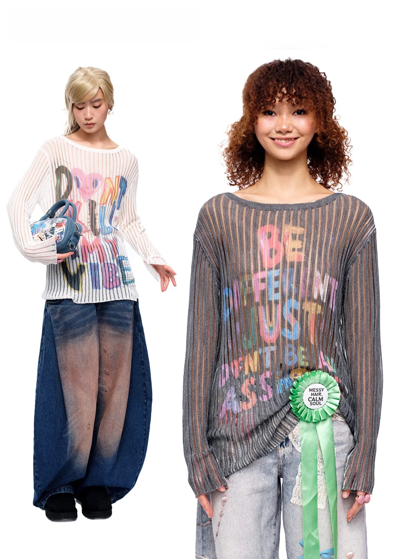 

MOFiscreamcolour Summer Lightweight Lazy Long Sleeve T-Shirt Letter Print Hollow Knitted Shirt Girls' Daily Wear UV Protection