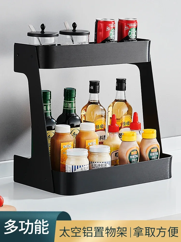 Kitchen shelves, spice racks, countertops, multi-layered condiments, seasonings, household oil, salt, sauce an