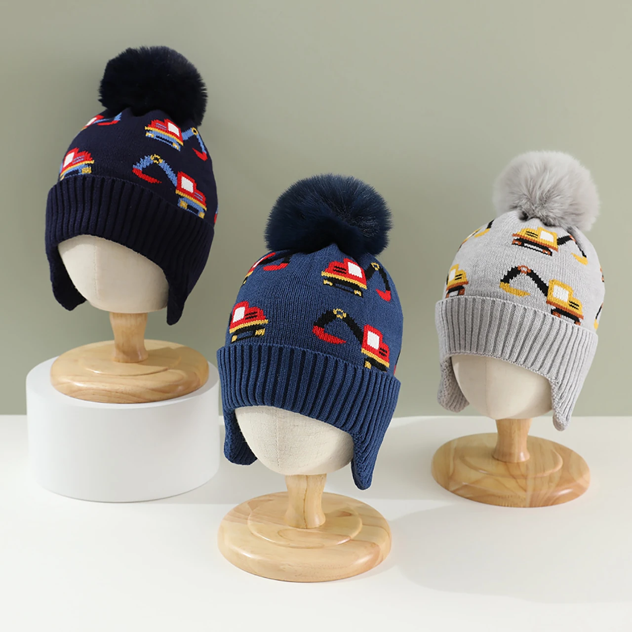 

﻿ Pompom Beanies Winter Warm Baby Earmuffs Cap Toddler Ear Protection Hat 1-4year Kids Woolen Knit Hats Fashion Car Boys Bonnet