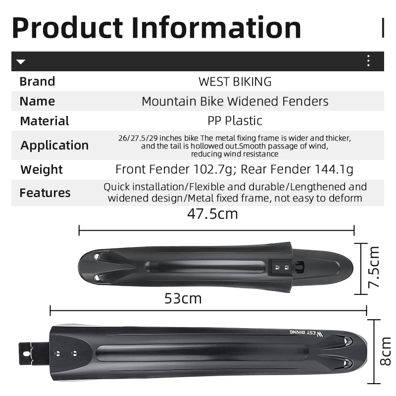 WEST BIKING MTB Bike Fender Widen Lengthen Bicycle Mudguard 26\