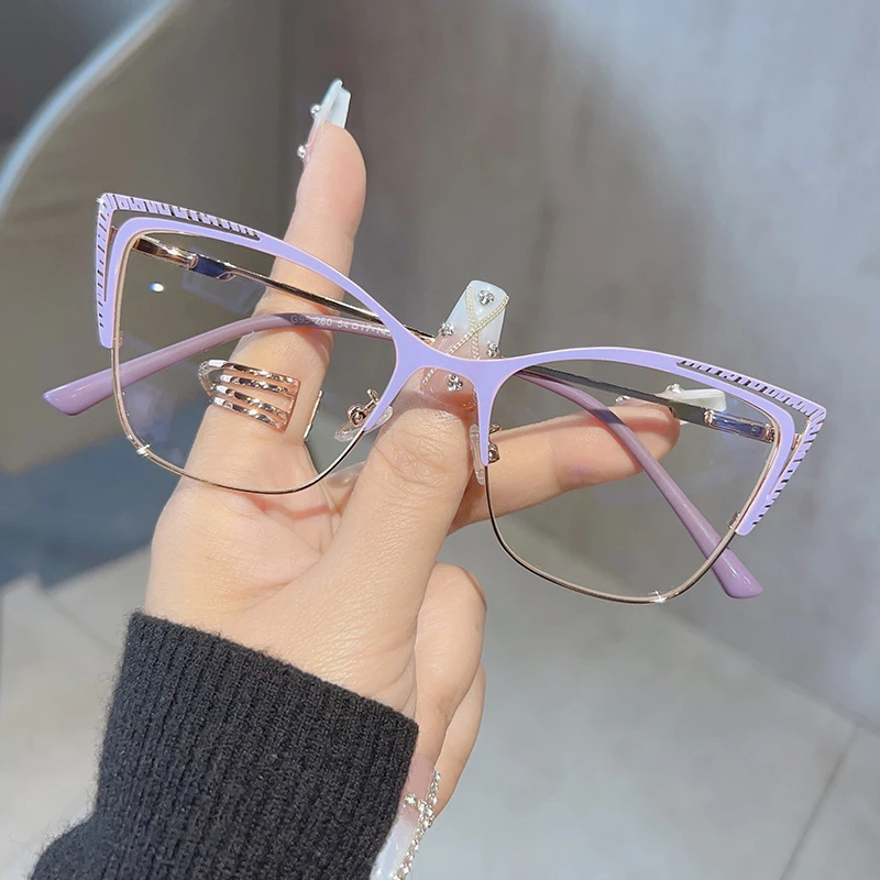 

Anti Blue Light Cat Eye Myopia Glasses Women Brand Designer Spring Hinge Pink Eyeglasses Metal Frame Fashion Nearsighted Glasses