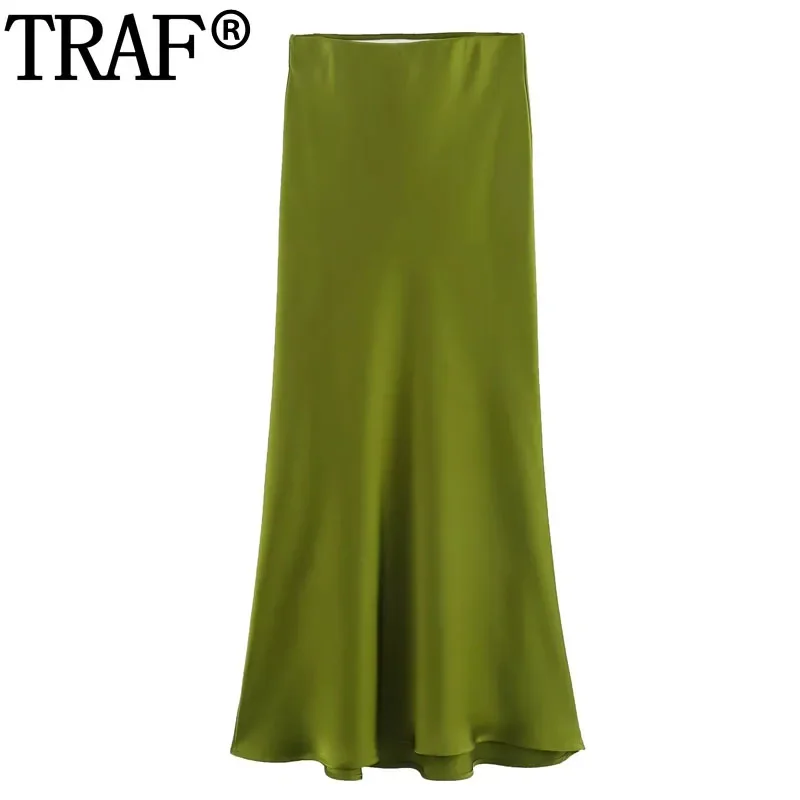 TRAF 2024 Women's Skirts Basic Satin Skirt High Waist Stylish Long Skirts For Women Autumn Midi Chic And Elegant Woman Skirt