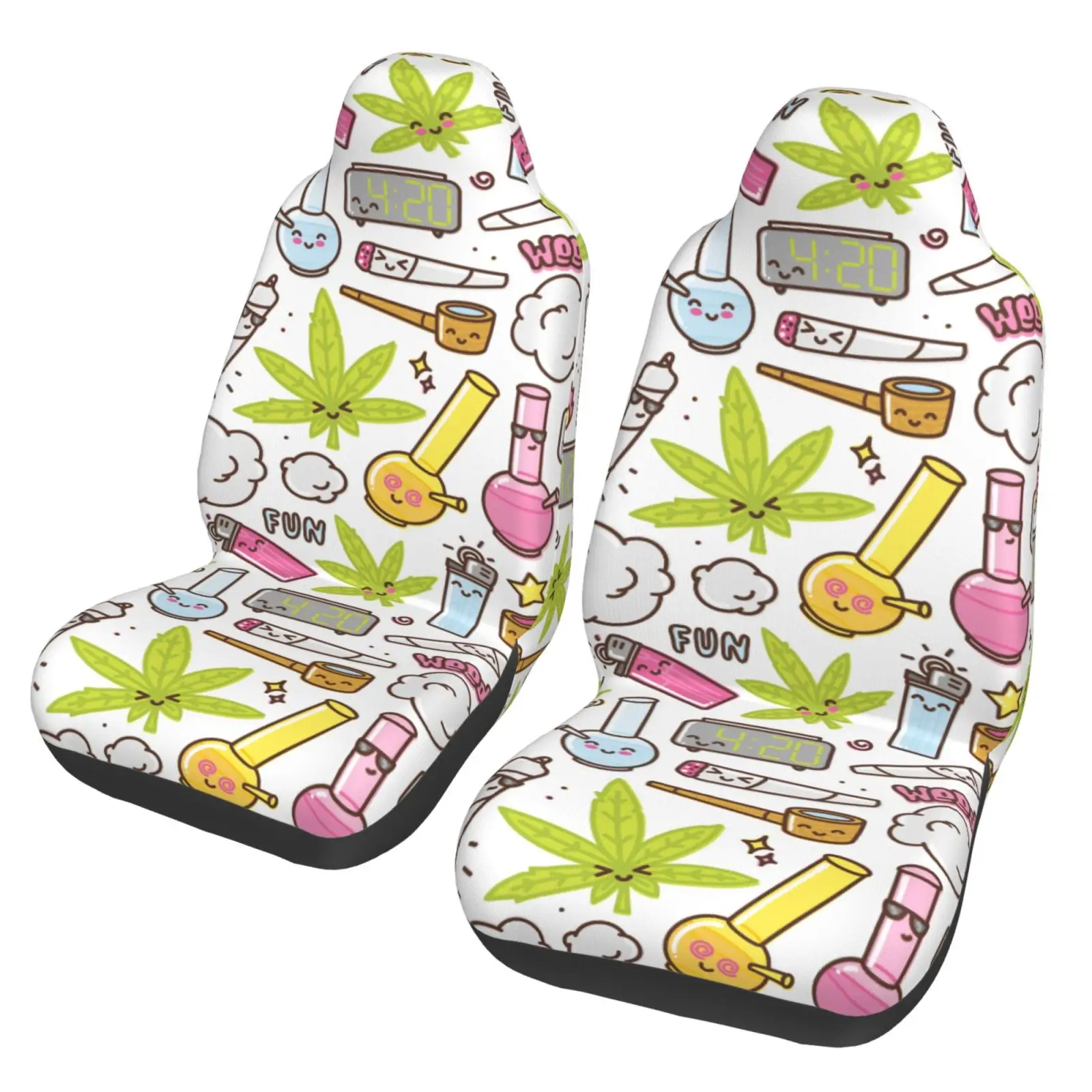 Cartoon Drawing Hemp Print Pattern Car Seat Cover Anti Fouling Convenient Protective Cover Two-piece Seat Protective Cover