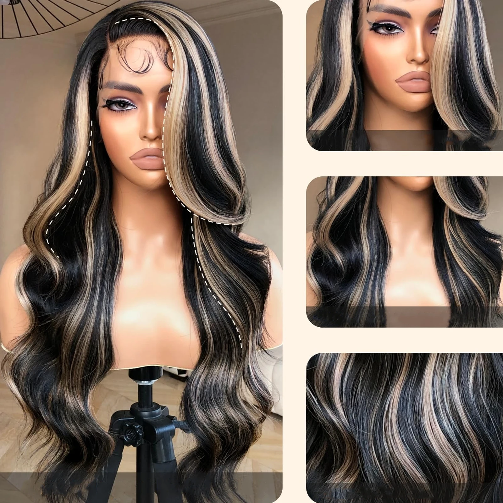 Black Blonde Highlight Colored Body Wave Lace Front Wig 26 Inch Long Wavy Synthetic Hair Lace Frontal Wigs for Women Daily Use