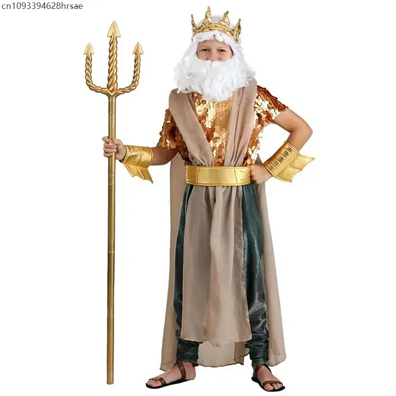 

Boy Greek Golden King Neptune Fancy Dress Up God of The Sea Poseidon Halloween Costume For Kids