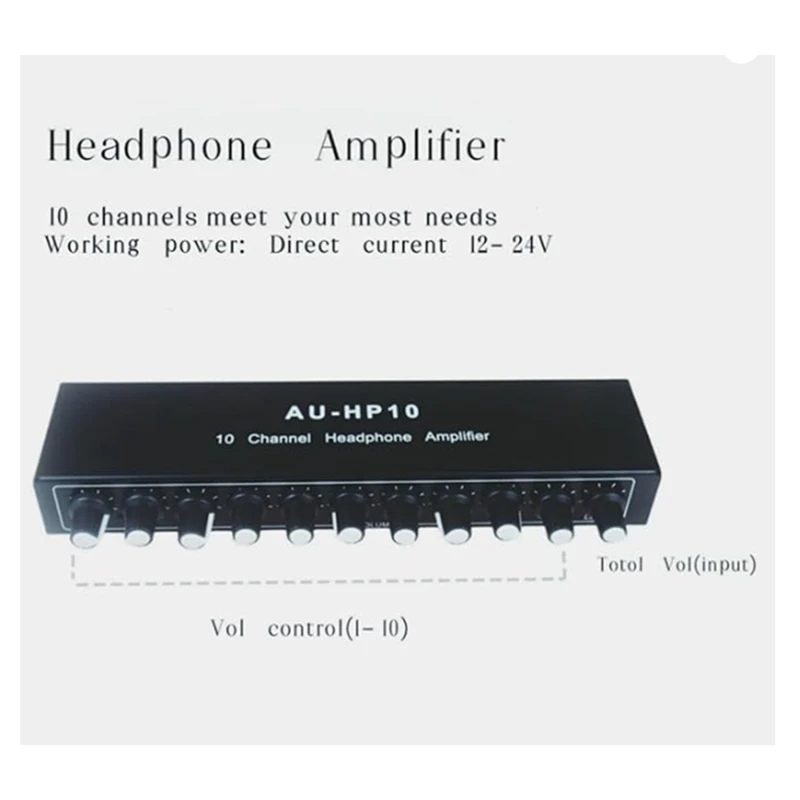 AU-HP10 10 Channel Headphone Headset Amplifier Audio Splitter DC 12-24V 20Hz-20Khz 12DB 16-600Ohm 3.5Mm Jack US PLUG