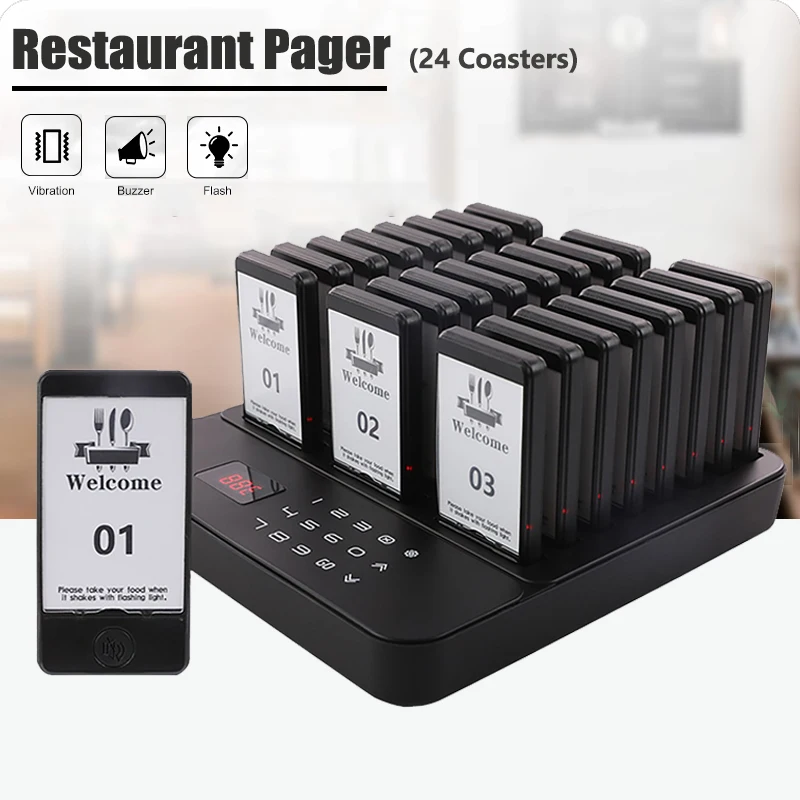 Wireless Restaurant Pagers Calling System 24 Coasters Buzzer Vibrator Bell Receivers For Food Truck Bar Coffee Fast Food Hotel