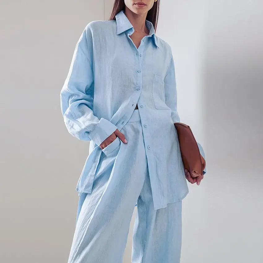 

Loose Cotton Linen Set Women's Simple Long Sleeve Shirt Pants Two Piece Casual Fashion Autumn 2025 Cross-Border Ensemble