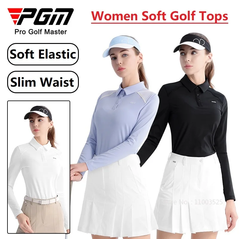 PGM Ladies Spring Long Sleeve Golf Shirt Women Patchwork Polo Collar T-shirt Autumn Soft Elastic Casual Shirt Golf Apparel