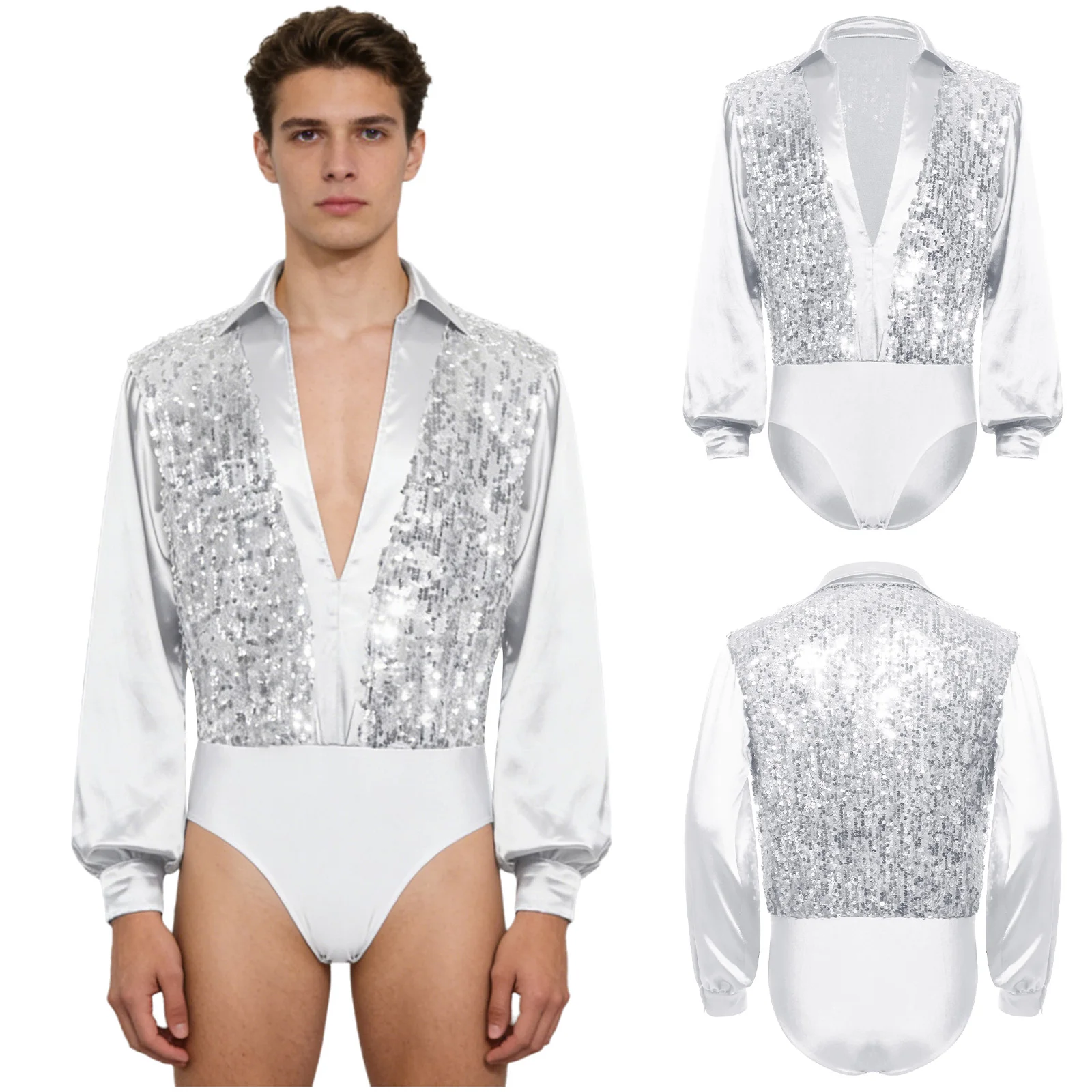 

Мужской сатиновый боди-костюм с длинным рукавом и блестящими пайетками для латиноамериканских танцев (ча-ча-ча, танго, румба), бальных танцев, фигурного катания и балета