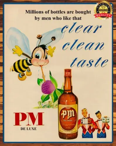 PM De Luxe Blended Whiskey - Clear Clean Taste - 1950s - Metal Sign