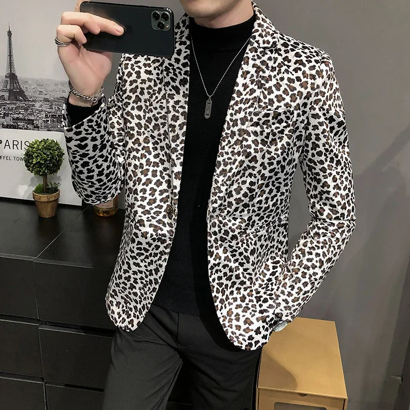 Fashion Boutique Velveteen Leopard Print Casual Jacket Men\'s Blazer  Male Slim Dress Stage Suit Coat