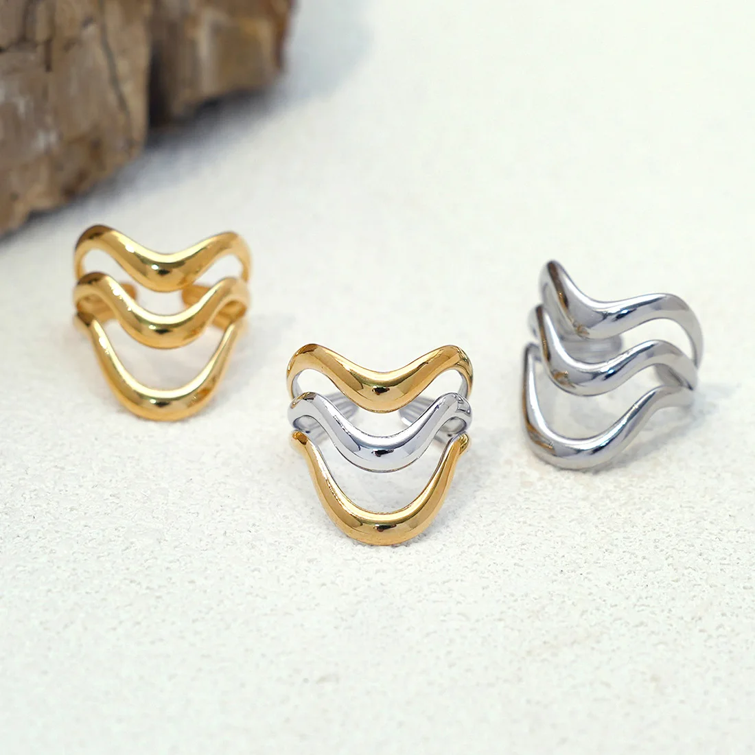 Anéis geométricos lineares minimalistas de dois tons, aço inoxidável, oco, irregular, empilhável, acessórios femininos, presente de festa
