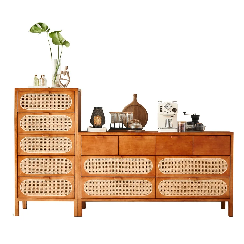 

Household ash wood chest of drawers modern simple rattan drawer storage cabinet B & B creative solid wood locker