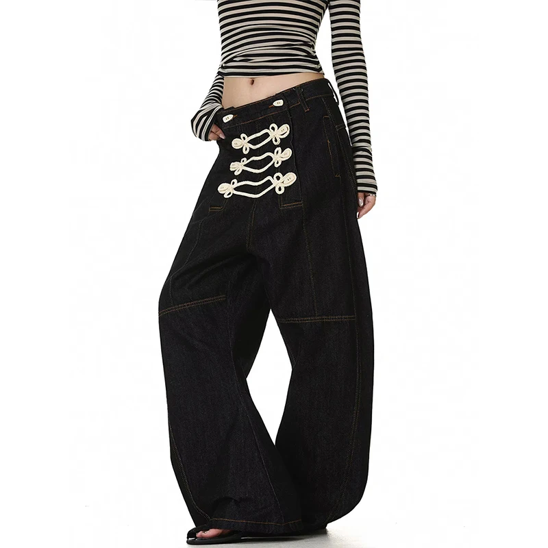 High Street Jean Pants Women's Palace Knot Placket Deconstruction Loose Street Wide Leg Curved Knife Denim Pants