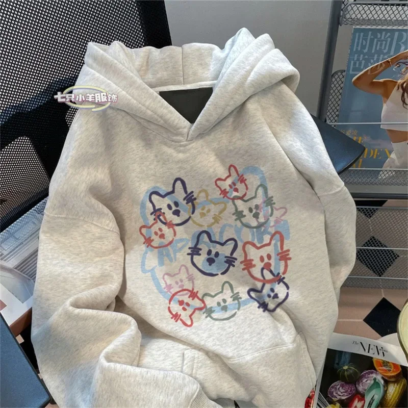 Sudadera con capucha blanca de estilo perezoso coreano para mujer, Linda y divertida sudadera con estampado de gato de dibujos animados para