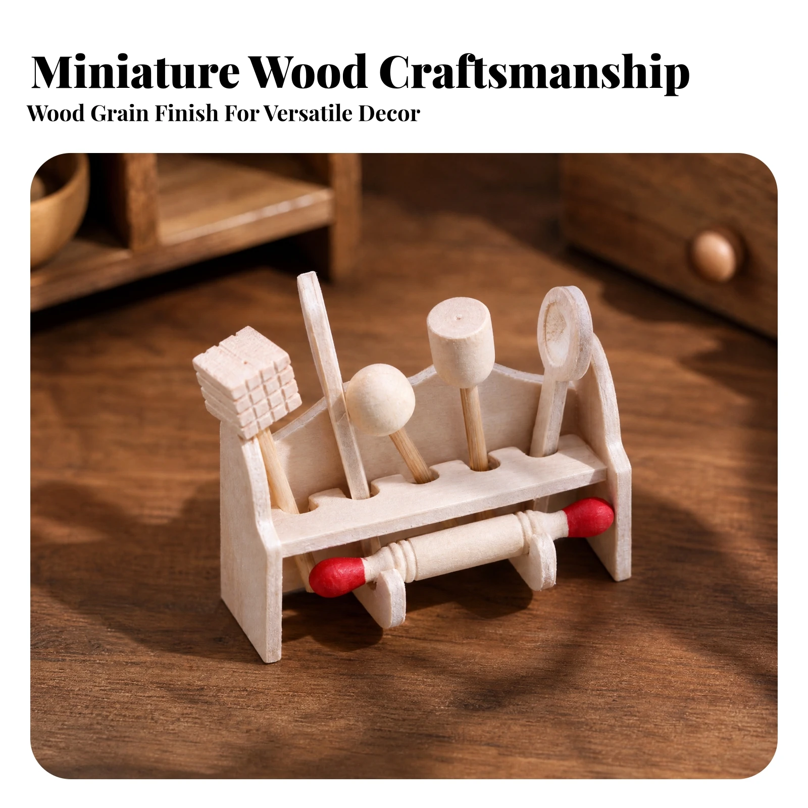 Wooden Dollhouse Utensil Shelf Compact OB11 Scale Kitchen Scene Accessory Miniature Rolling Pin Holder Rack Exquisite Detail