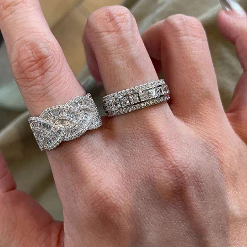 Pave Ring Sparkling Stackable Index Finger Retro Elegant Versatile Premium Lightweight Silver Tone Alloy Band for Women Daily