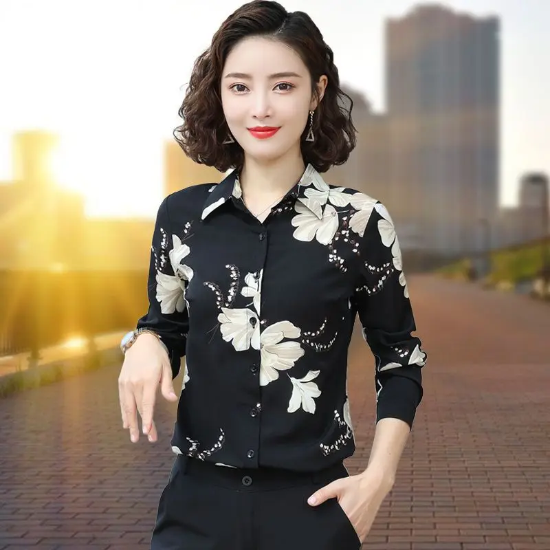 Vintage Printed Button Loose Floral Shirts Women\'s Clothing 2023 Autumn Winter Oversized All-match Tops Office Lady Blouses