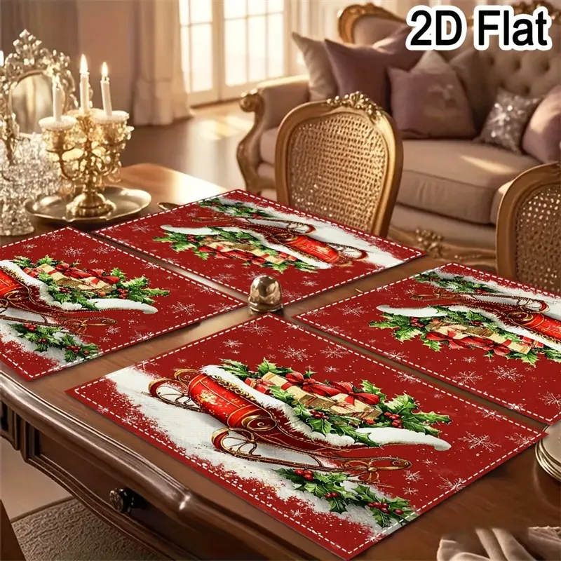VIKAMA Christmas Linen Placemat, Golden Sleigh Gifts Holly Red, Machine Washable Heat Resistant, Holiday Kitchen