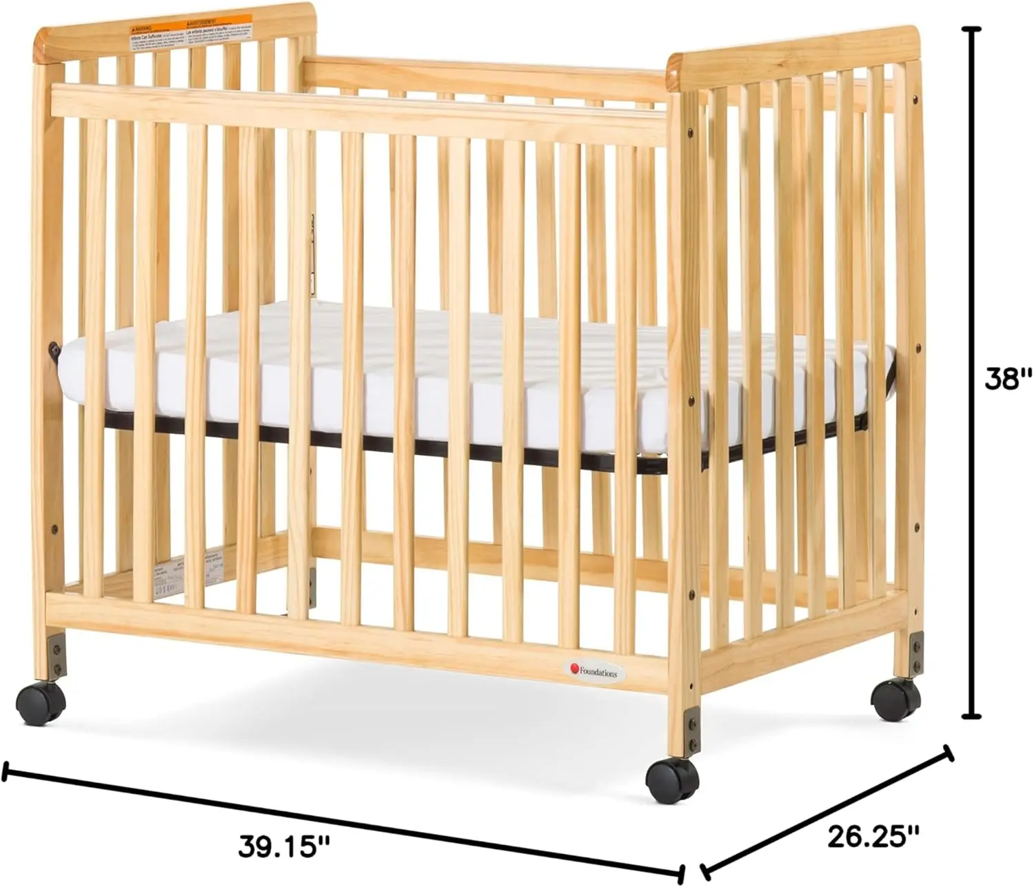 Foundation SafetyCraft tempat tidur bayi Slatted, konstruksi kayu tahan lama, roda tanpa tanda (2 penguncian), termasuk 3"