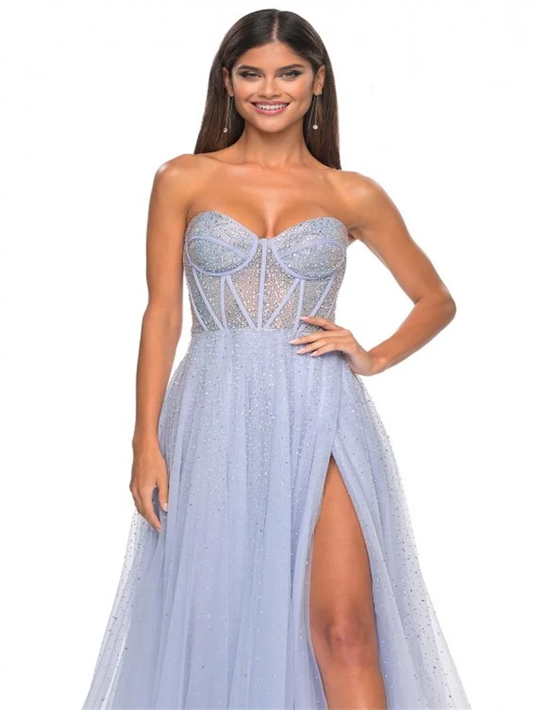 Vestido de baile sem alças feminino, lindo, sem mangas, lantejoulas, costas abertas, zíper, fenda alta, fenda alta, elegante