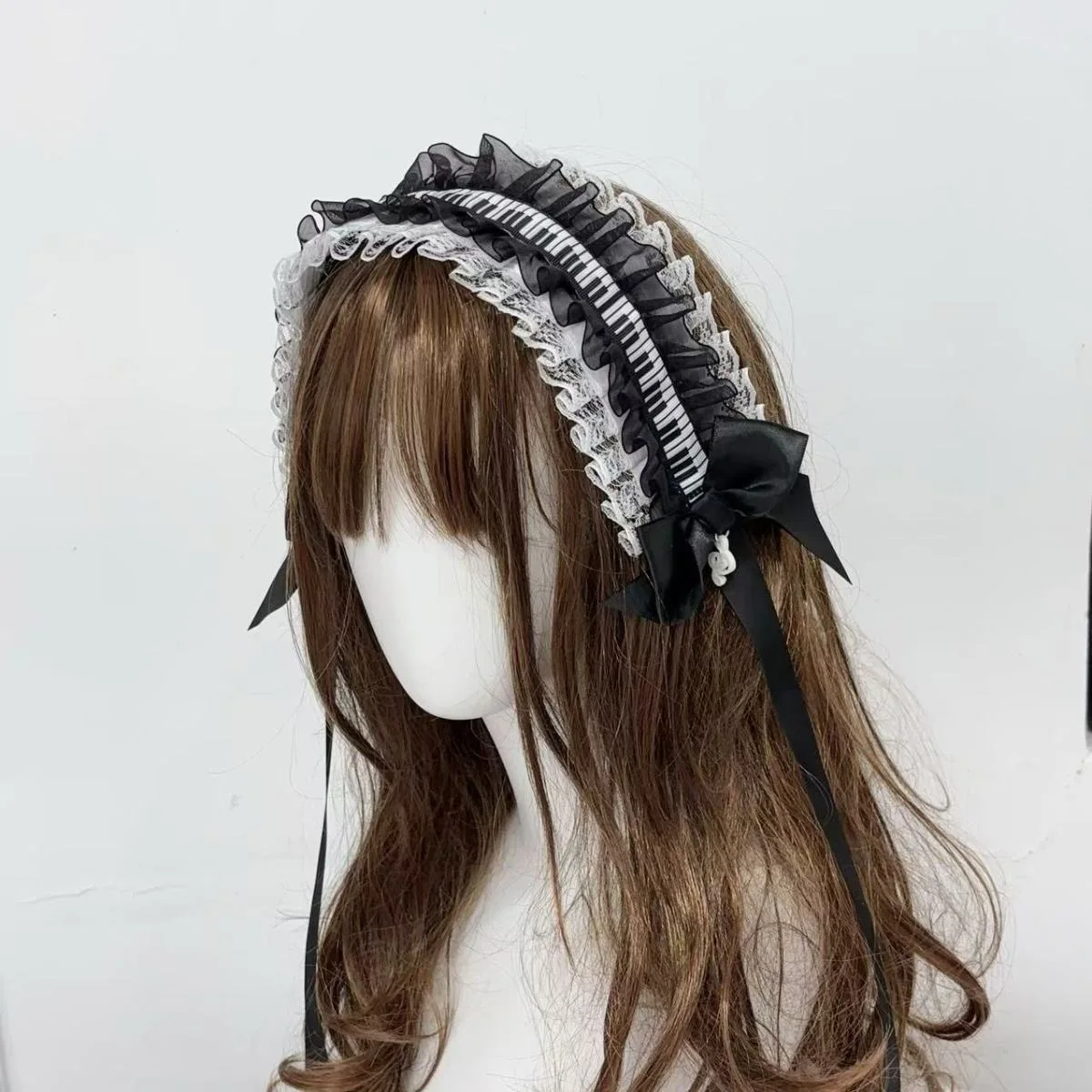 النمط الياباني أسود أبيض مفاتيح البيانو لوليتا مقوس دانتيل رباط شعر مع ملاحظات الموسيقى القوطية أغطية الرأس لوليتا إكسسوارات الشعر