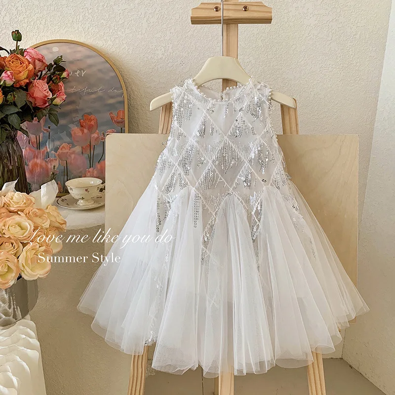 Kids Elegant Party Wedding Ceremony Child Dresses Girls Summer 2 To 8 Years Dress For Teenager Beige Short Mesh Sundress Clothes