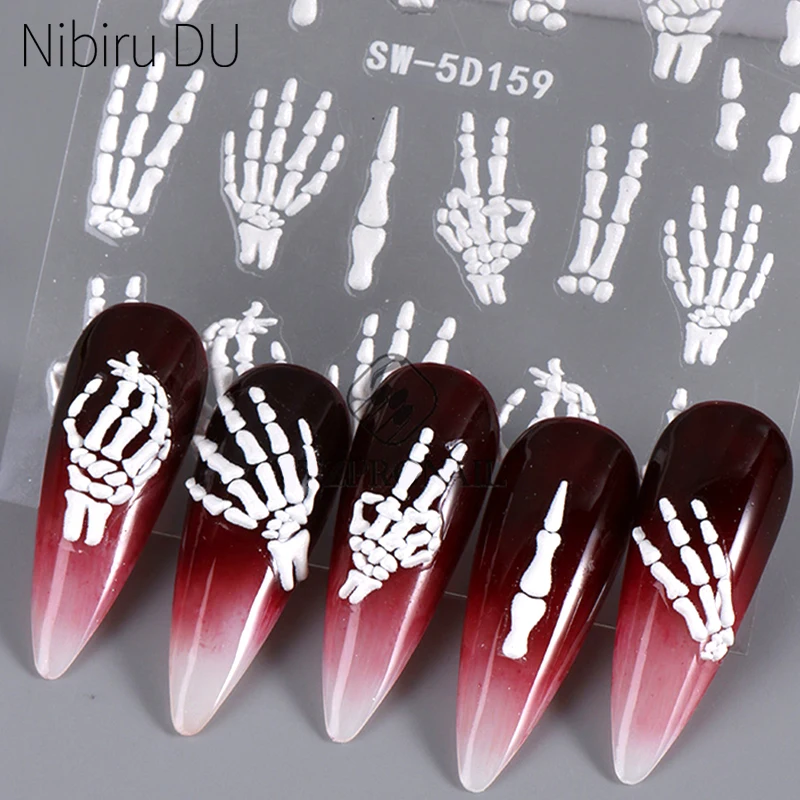 

2/1pcs 5D Halloween Skeleton Nails Stickers White Skull Bone Design Adhesive Nail Decals DIY Manicure Tips Nail Accessories