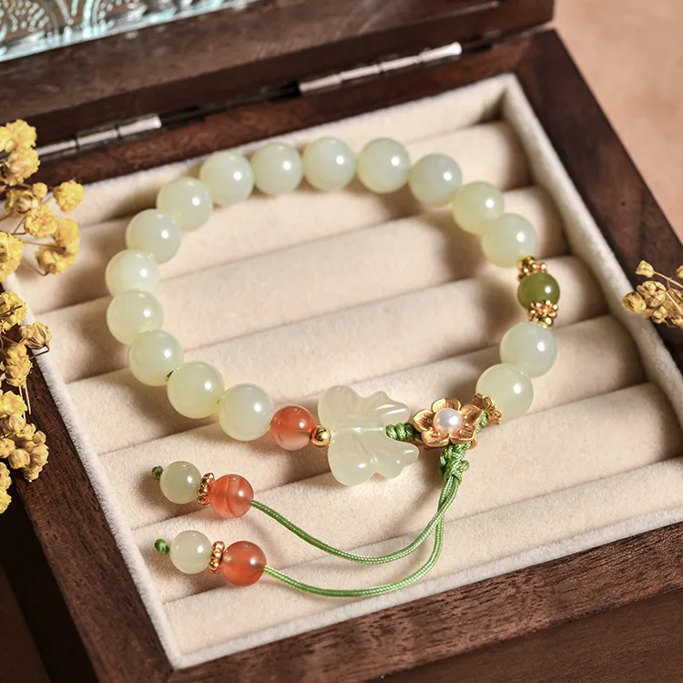 Natural Hetian Jade Butterfly Love Flower Bracelet for  Retro Light Luxury Niche Design Woven Hand Rope GiftHigh-grade Jewelry