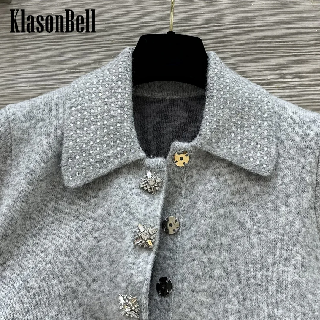 9.2 KlasonBell Women\'s Fashion Crystal Lapel Short Sleeve Knitwear Diamonds Button Decoration Temperament Sweet Style Sweater