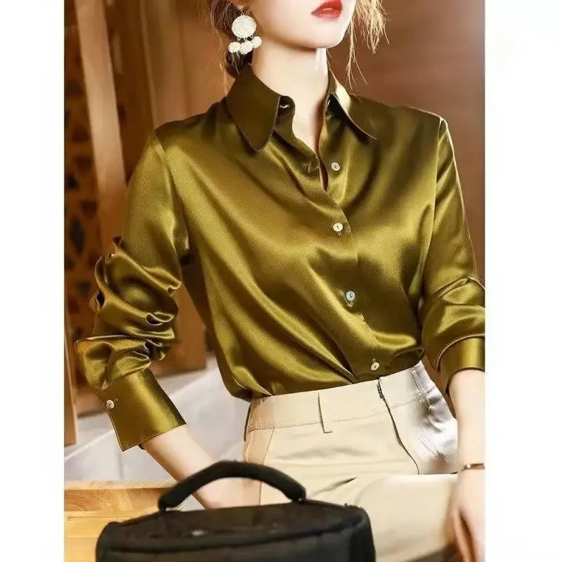 2025 moda feminina francesa mangas compridas camisa de alta qualidade mulheres crepe cetim camisas primavera verão senhoras solto cardigan blusa topo