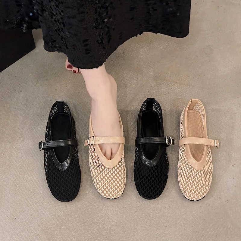

In Summer, Wear Round Toe, Straight Buckles, Casual and Comfortable, Women's Flats, Cut-out Mary Jane Single Shoes,fishnet Shoes