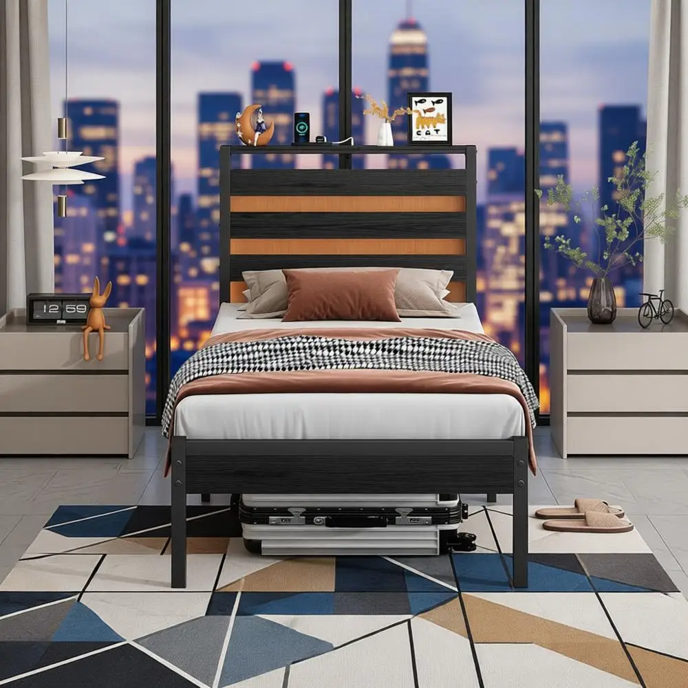 

Twin Size Bed with USB Ports, LED Lighting, Wood Storage, Metal Frame, Storage Underneath, No Box Spring, Quiet