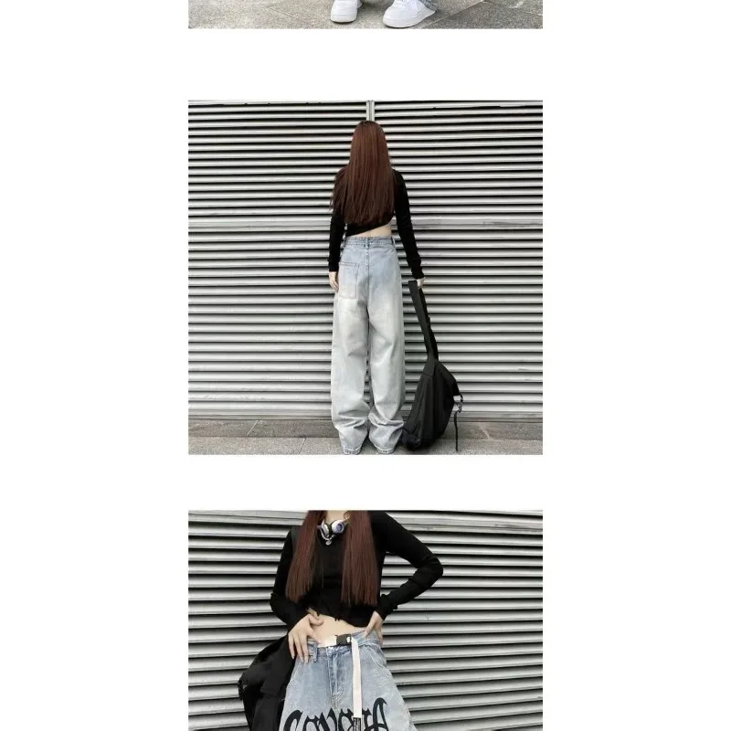 American High Street Retro Letter Printed Button Zipper High Waist Loose Straight Jeans Women's Wide Leg Trousers
