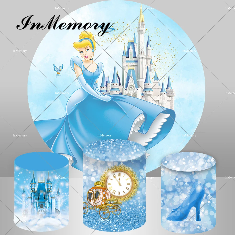 Castle Princess Cinderella Round Backdrop for Girls Baby Shower Birthday Party Decor Dessert Table Banner Bokeh Plinth Covers