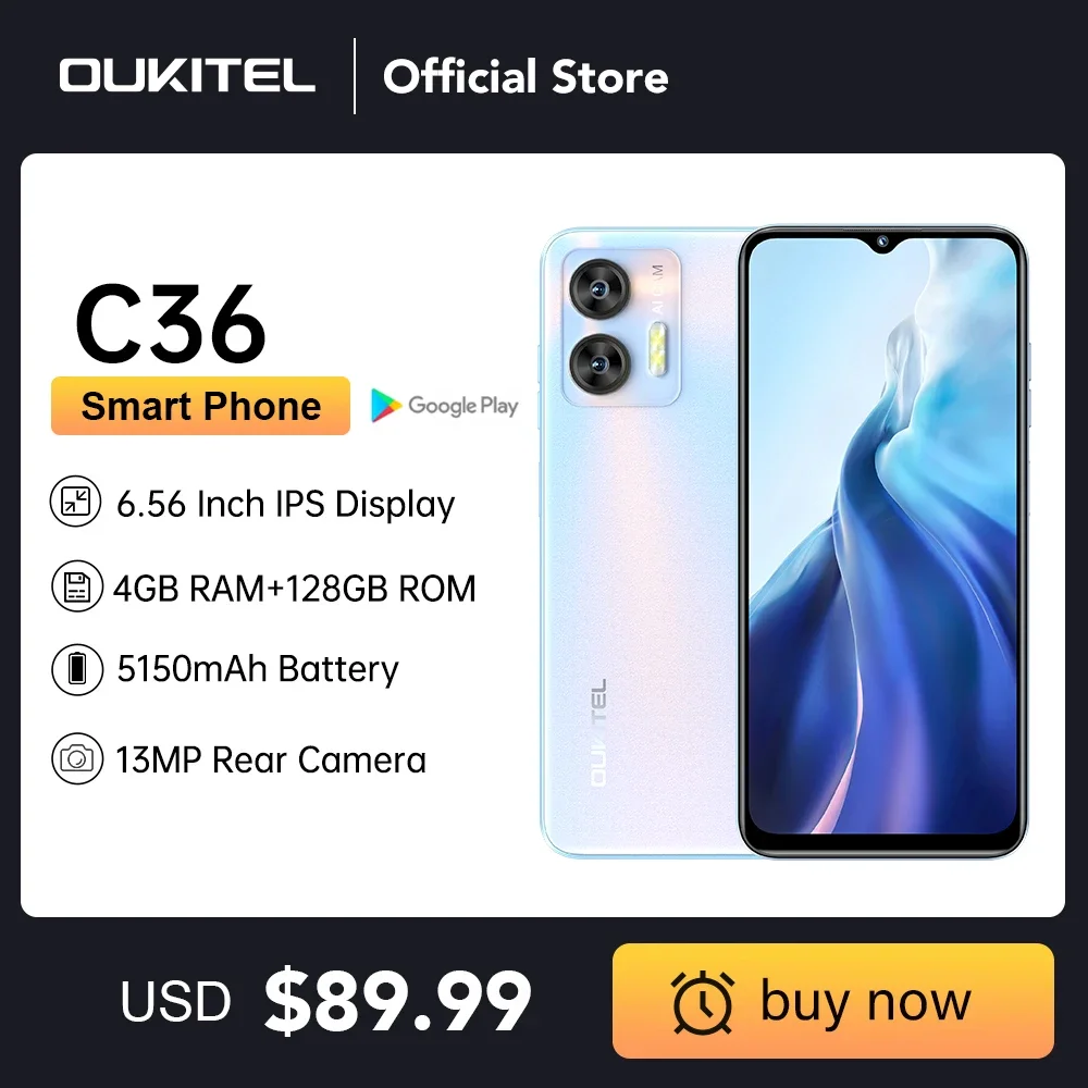 OUKITEL C36 6.56 인치 HD + 스크린 스마트폰, 5150mAh 4GB + 128GB 휴대폰, 5MP + 13MP 카메라, 안드로이드 13 옥타코어 휴대폰